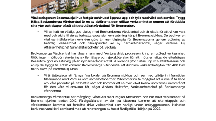 Pressmeddelande_Vectura fyller Bromma sjukhus med mer vård när Vårdcentralen utökar verksamheten.pdf