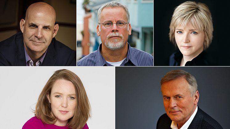 Från vänster övre raden: Harlan Coben, Michael Connelly, Karin Slaughter.  Undre raden: Paula Hawkins, John Grisham. / Foto: Claudio Marinesco / Terrill Lee Lankford / Alison Rosa / Alisa Connan / Michael Lionstar.