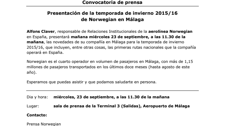 Norwegian Air: convocatoria de prensa en Málaga, miércoles 23 de septiembre, 11.30 de la mañana.