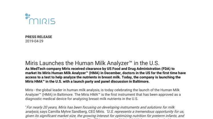 Miris Launches the Human Milk Analyzer™ in the U.S.