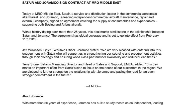  SATAIR AND JORAMCO SIGN CONTRACT AT MRO MIDDLE EAST