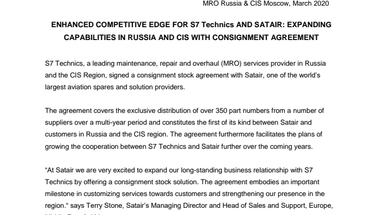 ENHANCED COMPETITIVE EDGE FOR S7 GROUP AND SATAIR: EXPANDING CAPABILITIES IN RUSSIA AND CIS WITH CONSIGNMENT AGREEMENT