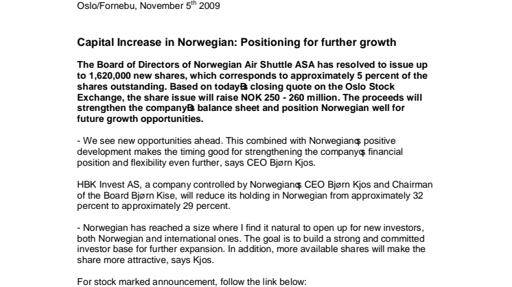 Capital Increase in Norwegian: Positioning for further growth