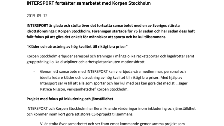 INTERSPORT fortsätter samarbetet med Korpen Stockholm