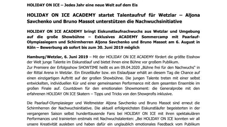 HOLIDAY ON ICE ACADEMY startet Talentaufruf für Wetzlar – Aljona Savchenko und Bruno Massot unterstützen die Nachwuchsinitiative