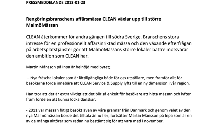 Rengöringsbranschens affärsmässa CLEAN växlar upp till större MalmöMässan