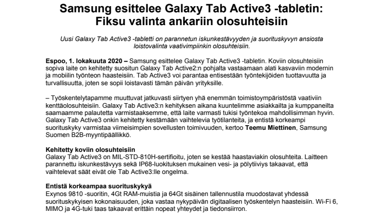 Samsung esittelee Galaxy Tab Active3 -tabletin: Fiksu valinta ankariin olosuhteisiin
