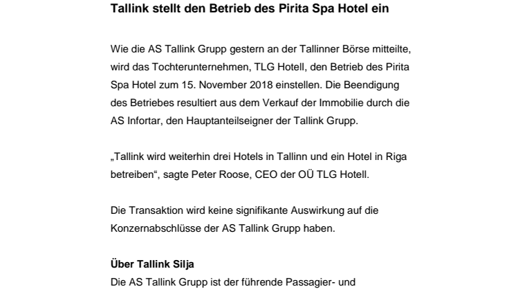 Tallink stellt den Betrieb des Pirita Spa Hotel ein