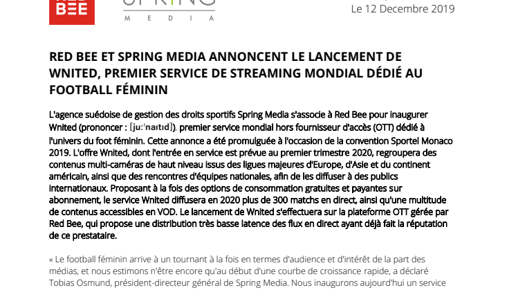 Red Bee et Spring Media Annoncent le Lancement de Wnited, Premier Service de Streaming Mondial Dédié au Football Féminin