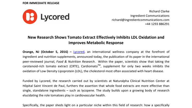 Press release: Tomato Extract Effectively Inhibits LDL Oxidation 