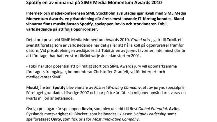 Spotify en av vinnarna på SIME Media Momentum Awards 2010