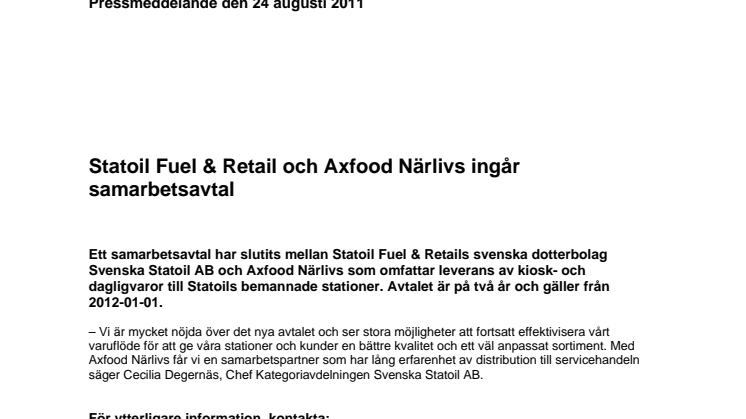 Statoil Fuel & Retail och Axfood Närlivs ingår samarbetsavtal