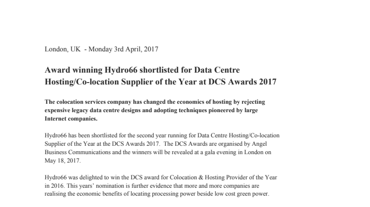 Hydro66 shortlisted for Data Centre Hosting/Co-location Supplier of the Year at DCS Awards 2017