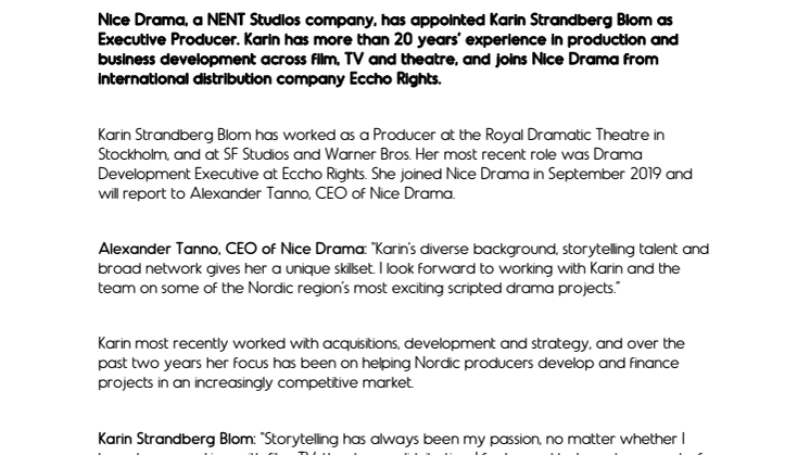 Karin Strandberg Blom joins Nice Drama as Executive Producer