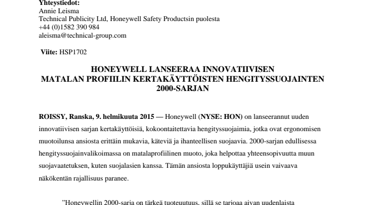 Honeywell lanseeraa innovatiivisen matalan profiilin kertakäyttöisten hengityssuojainten 2000-sarjan