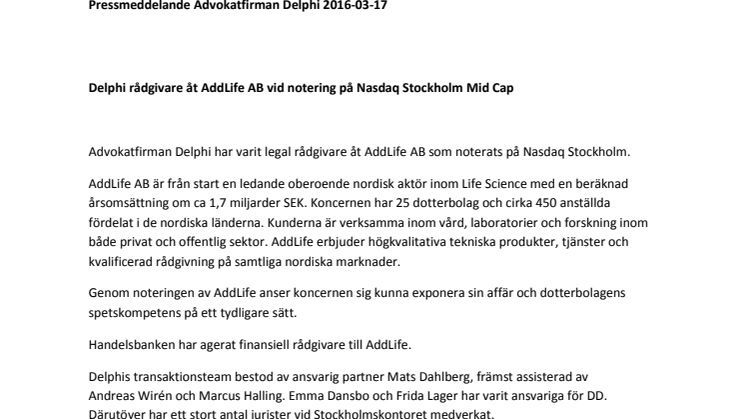 Delphi rådgivare åt AddLife AB vid notering på Nasdaq Stockholm Mid Cap