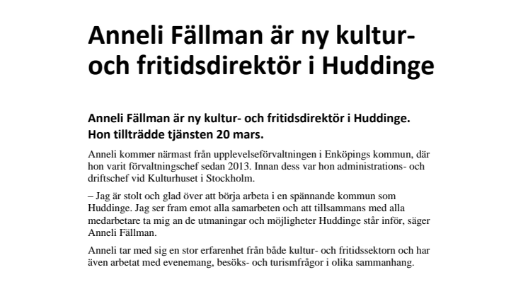 Anneli Fällman är ny kultur- och fritidsdirektör i Huddinge