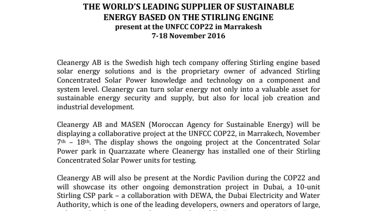 CLEANERGY - THE SWEDISH SUPPLIER OF SOLAR ENERGY SOLUTIONS WILL BE PRESENT AT COP22