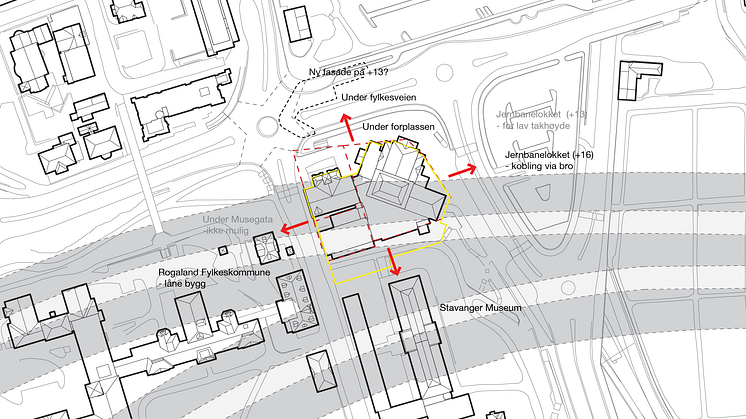 De nye tunnelene og sikkerhetssonene går rett under Rogaland Teater og Museum Stavangers bygninger.