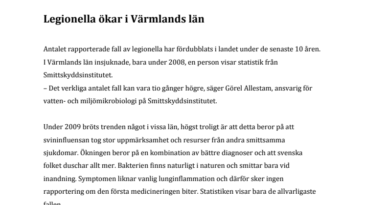 Legionella ökar i Värmlands län