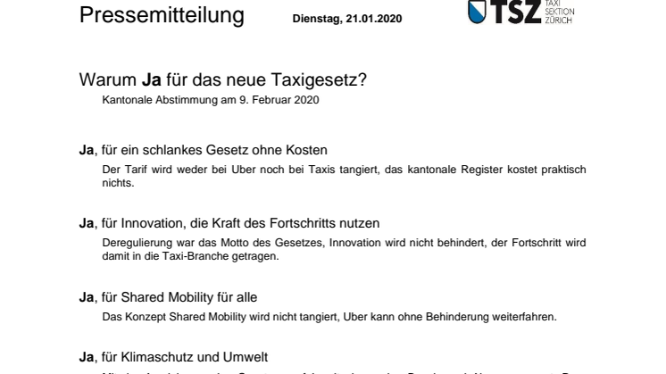 Warum ein Ja für das neues Taxigesetz?