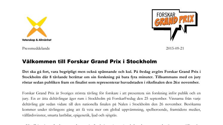 ​Välkommen till Forskar Grand Prix i Stockholm!