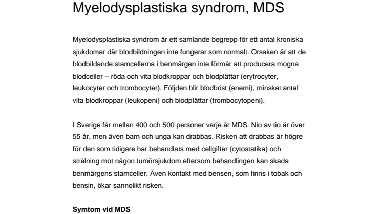 Fakta om myelodysplastiska syndrom (MDS)