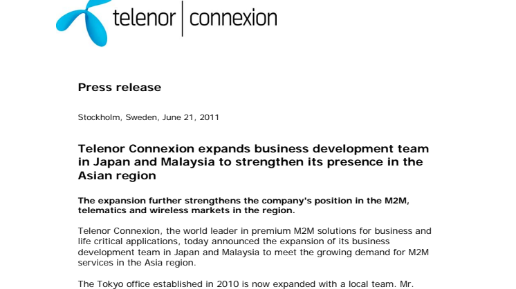 Telenor Connexion expands business development team in Japan and Malaysia to strengthen its presence in the Asian region