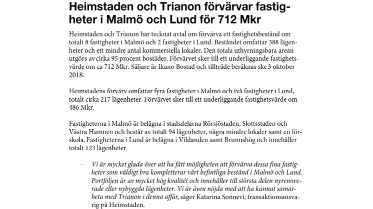Heimstaden och Trianon förvärvar fastigheter i Malmö och Lund för 712 Mkr