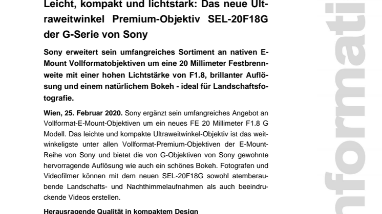 Leicht, kompakt und lichtstark: Das neue Ultraweitwinkel Premium-Objektiv SEL-20F18G der G-Serie von Sony 