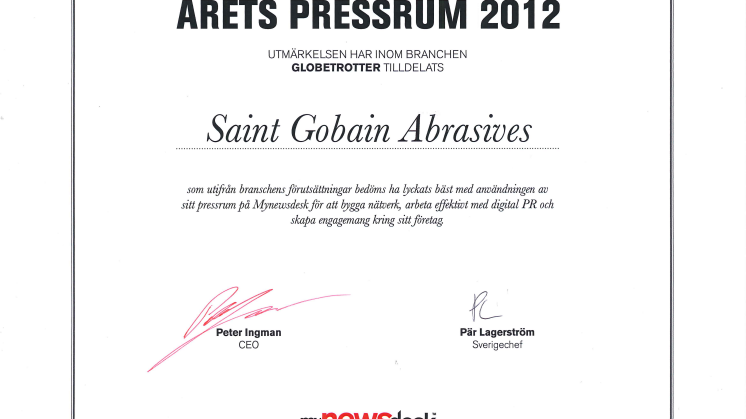 Saint-Gobain Abrasives vinnare av Årets Pressrum 2012