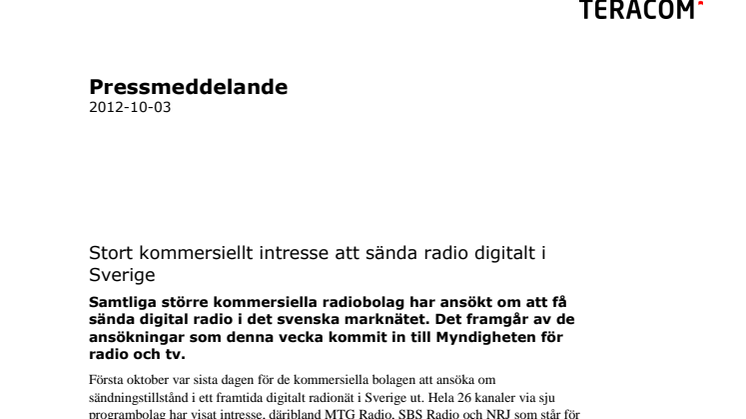 Stort kommersiellt intresse att sända radio digitalt i Sverige
