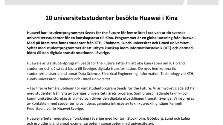 10 universitetsstudenter besökte Huawei i Kina