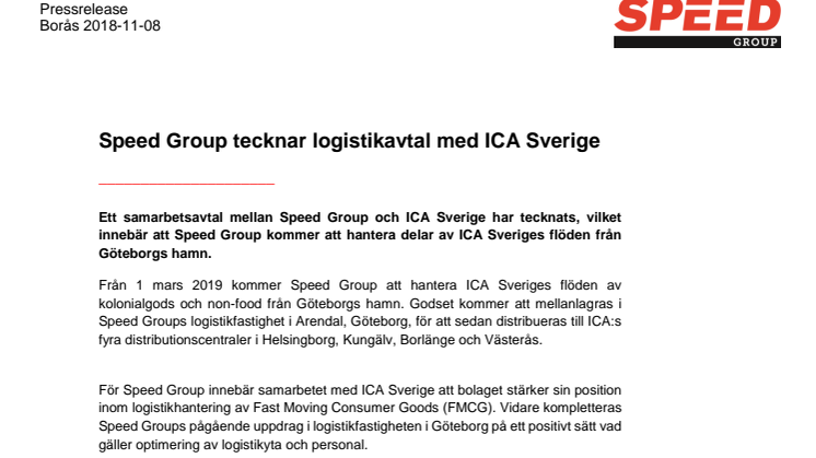 Speed Group tecknar logistikavtal med ICA Sverige