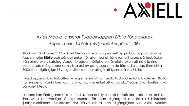 Axiell Media lanserar ljudboksappen Biblio för bibliotek 