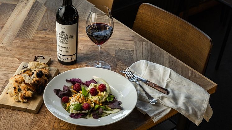 Mozzarellasallad med fänkål och lakritsvinägrett av Sandra Mastio. Perfekt till Luigi di Grassos barbera. Foto: Maria Cruseman