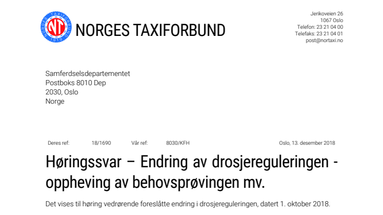 Norges Taxiforbunds høringssvar til SD - 2918