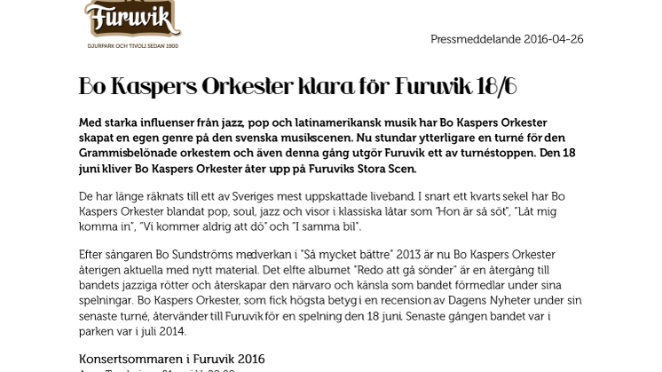 Bo Kaspers Orkester klara för Furuvik 18/6