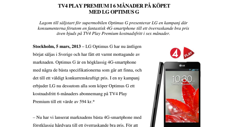 TV4 Play Premium i 6 månader på köpet med Optimus G