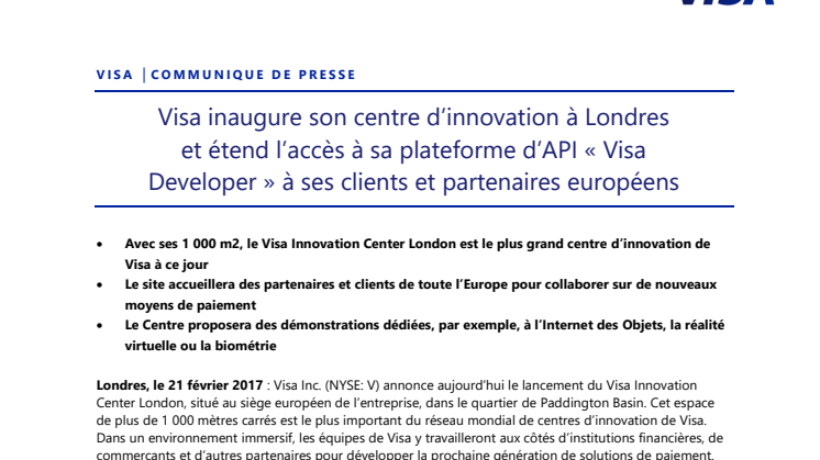 Visa inaugure son centre d’innovation à Londres et étend l’accès à sa plateforme d’API « Visa Developer » à ses clients et partenaires européens 