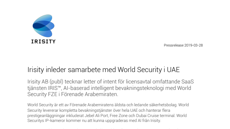 Irisity inleder samarbete med World Security i UAE