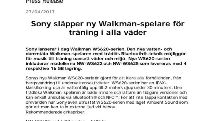 ​Sony släpper ny Walkman-spelare för träning i alla väder