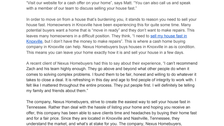 Nexus Homebuyers: Experienced Homebuyers Launch A Fast Solution In Knoxville,Tennessee To Sell Your Home Online