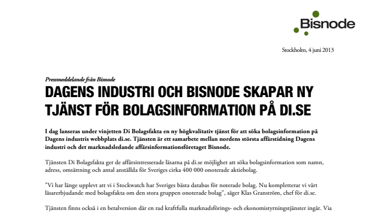 Dagens industri och Bisnode skapar ny tjänst för bolagsinformation på di.se