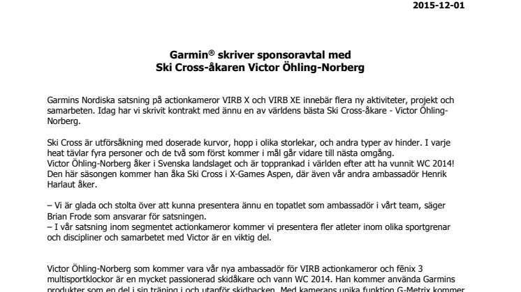 Garmin® skriver sponsoravtal med Ski Cross-åkaren Victor Öhling-Norberg