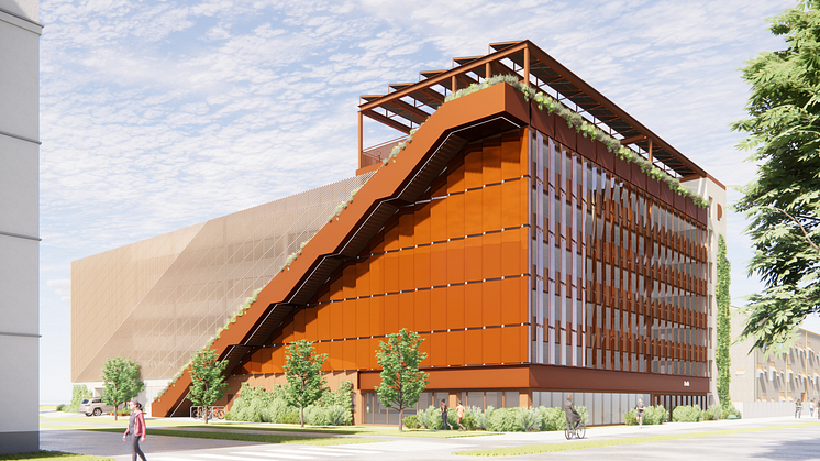 Mobilitetshuset Parkside förses med solceller på två fasader och på taket. Gröna växter kommer att pryda utomhustrappan som leder upp till aktivitetsytan på taket.