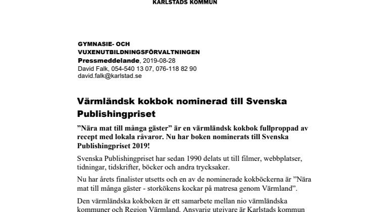 Värmländsk kokbok nominerad till Svenska Publishingpriset