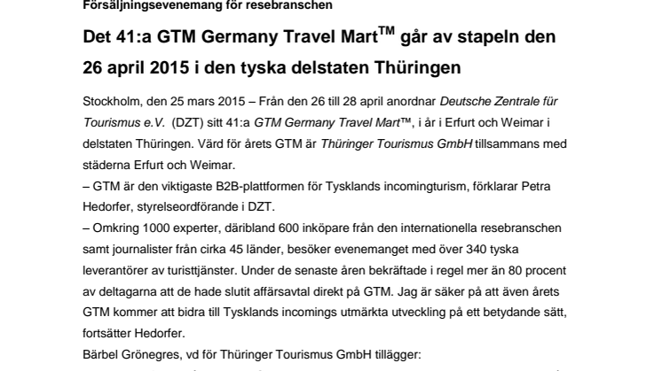 41:a GTM Germany Travel Mart går av stapeln den 26 april 2015 i den tyska delstaten Thüringen