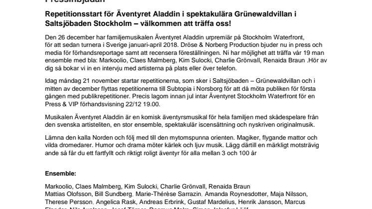 Repetitionsstart för Äventyret Aladdin i Grünewaldvillan i Saltsjöbaden Stockholm – välkommen att träffa oss!