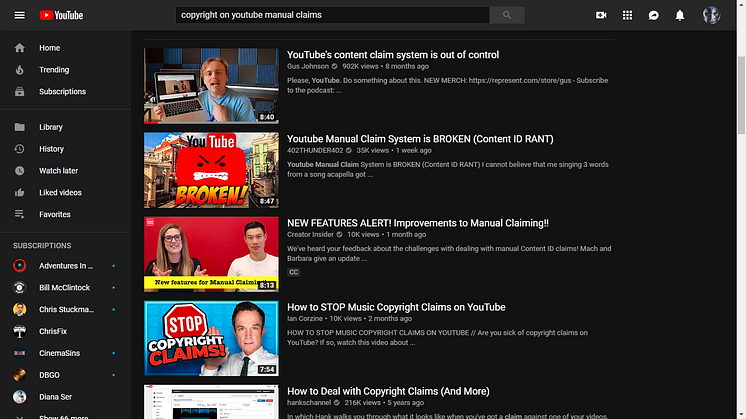 A screenshot of videos by YouTubers on copyright claims on the platform